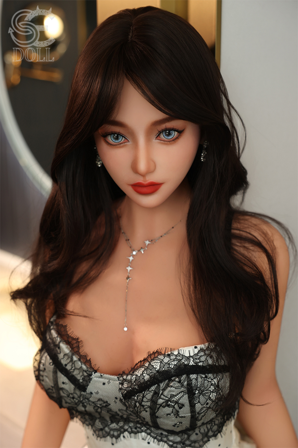Realistic SEDOLL 160 cm C TPE - Yuuka.H with long dark hair and detailed makeup wearing a black lace top.