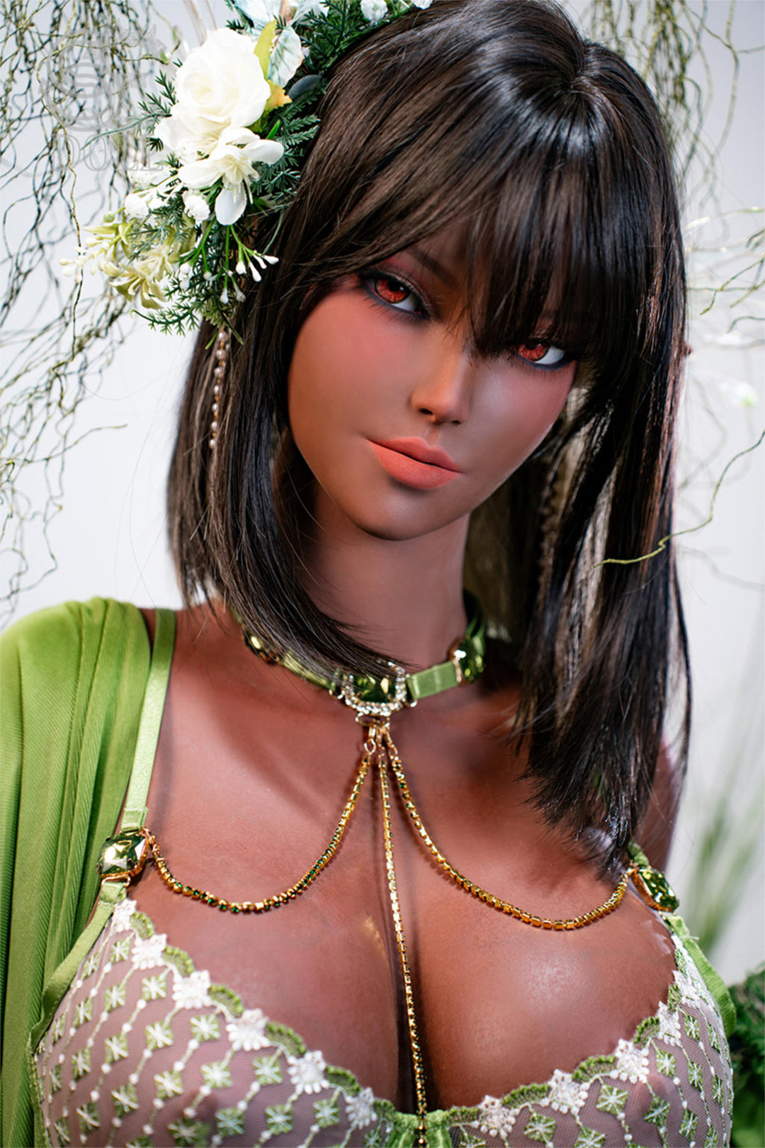 SEDOLL 161 cm F TPE - Elf Samantha.K – dark hair with bangs and white flowers, gold neck chain and cream lace bralette under a green wrap, deep skin tone