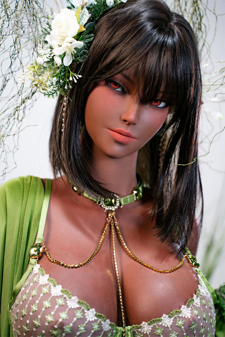 SEDOLL 161 cm F TPE - Elf Samantha.K – dark hair with bangs and white flowers, gold neck chain and cream lace bralette under a green wrap, deep skin tone