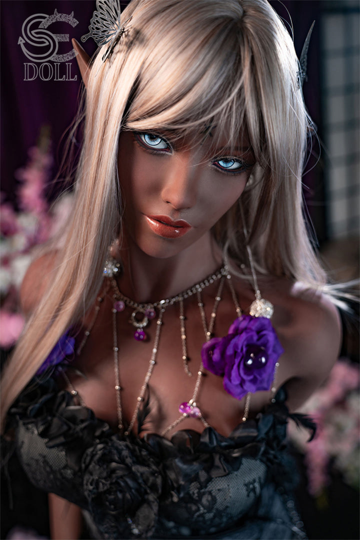 SEDOLL 163 cm E TPE - Elf Luis.H – close-up in a black corset with purple blooms, showing her full E-cup bust
