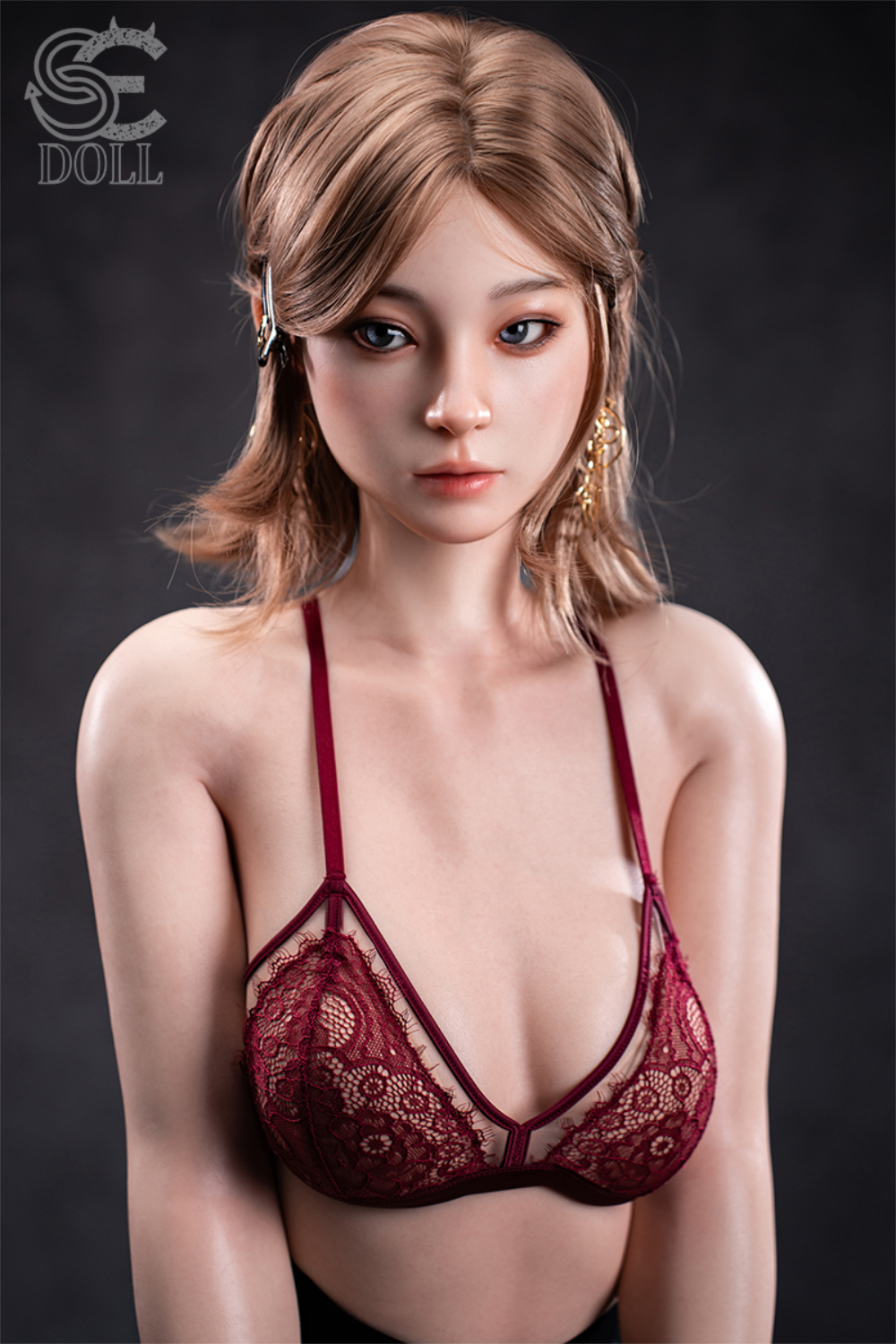SEDOLL T153 cm A Aya Series Silicone -  Miori.C wearing a red lace bra against a dark background.