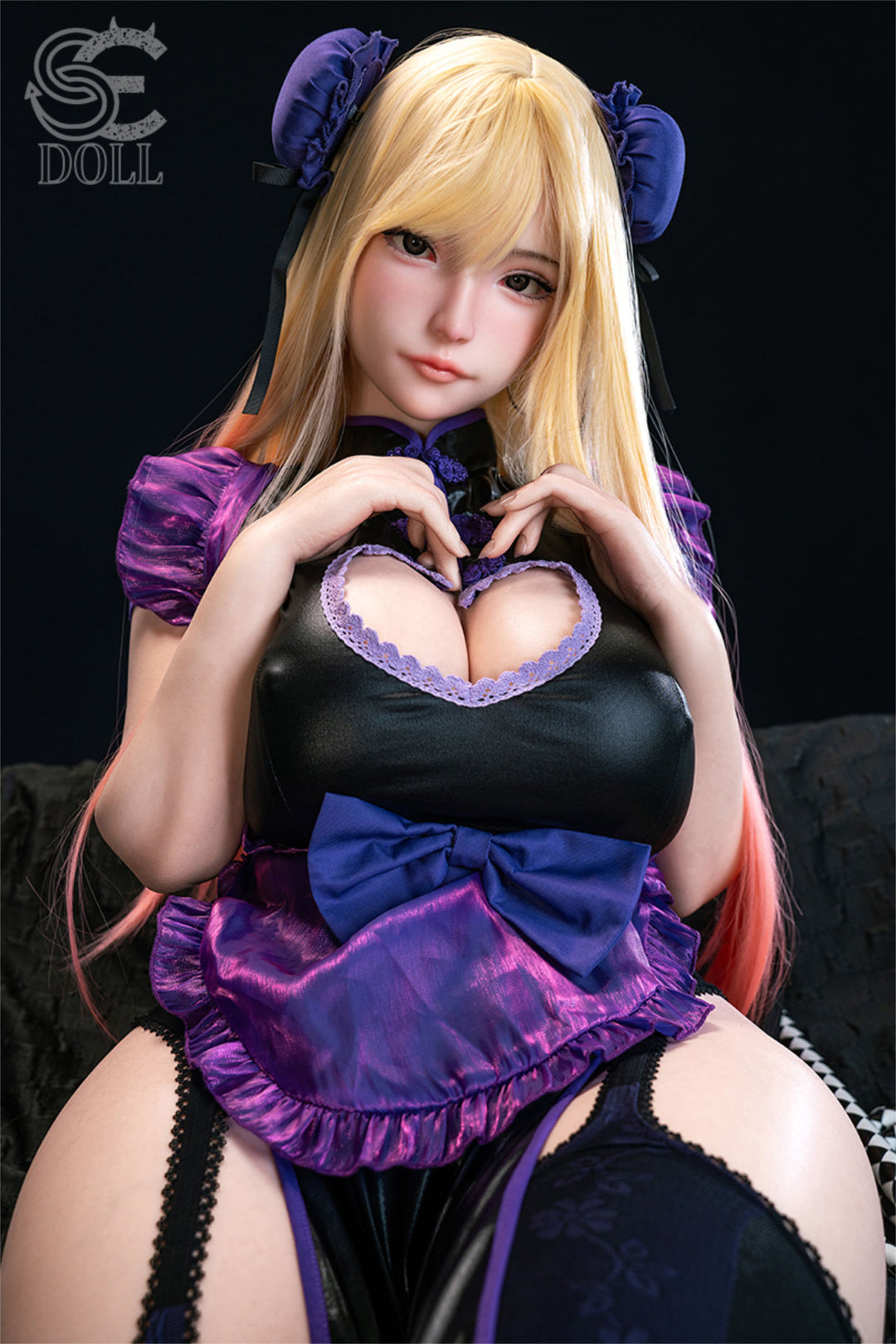 SEDOLL T155 cm J Silicone Pro - Yuuki.M seated pose in the black and purple gothic dress, dark moody backdrop