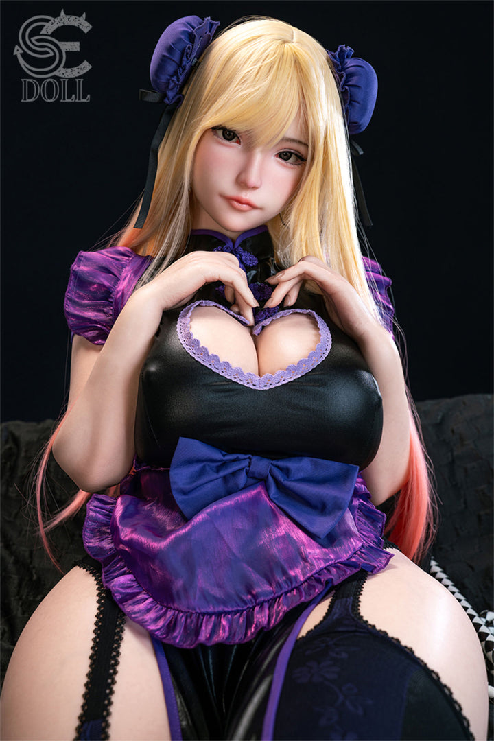 SEDOLL T155 cm J Silicone Pro - Yuuki.M seated pose in the black and purple gothic dress, dark moody backdrop