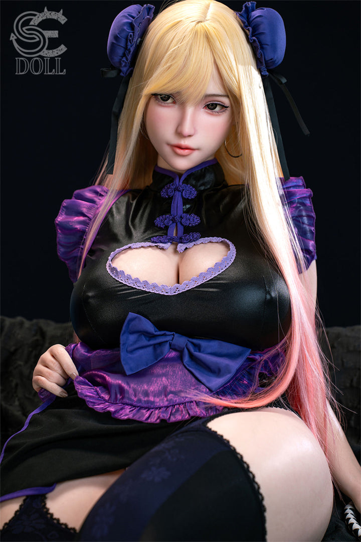 SEDOLL T155 cm J Silicone Pro - Yuuki.M seated pose in the gothic dress with dark thigh-high stockings, moody backdrop