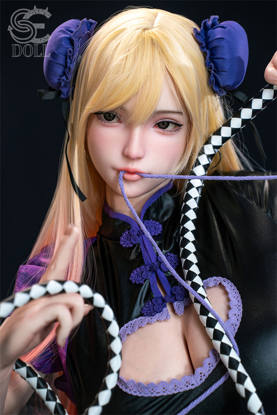SEDOLL T155 cm J Silicone Pro - Yuuki.M close-up holding a pearl chain near her mouth, gothic dress, dark backdrop