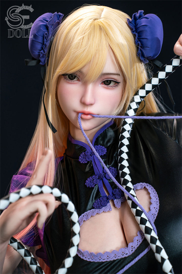 SEDOLL T155 cm J Silicone Pro - Yuuki.M close-up holding a pearl chain near her mouth, gothic dress, dark backdrop