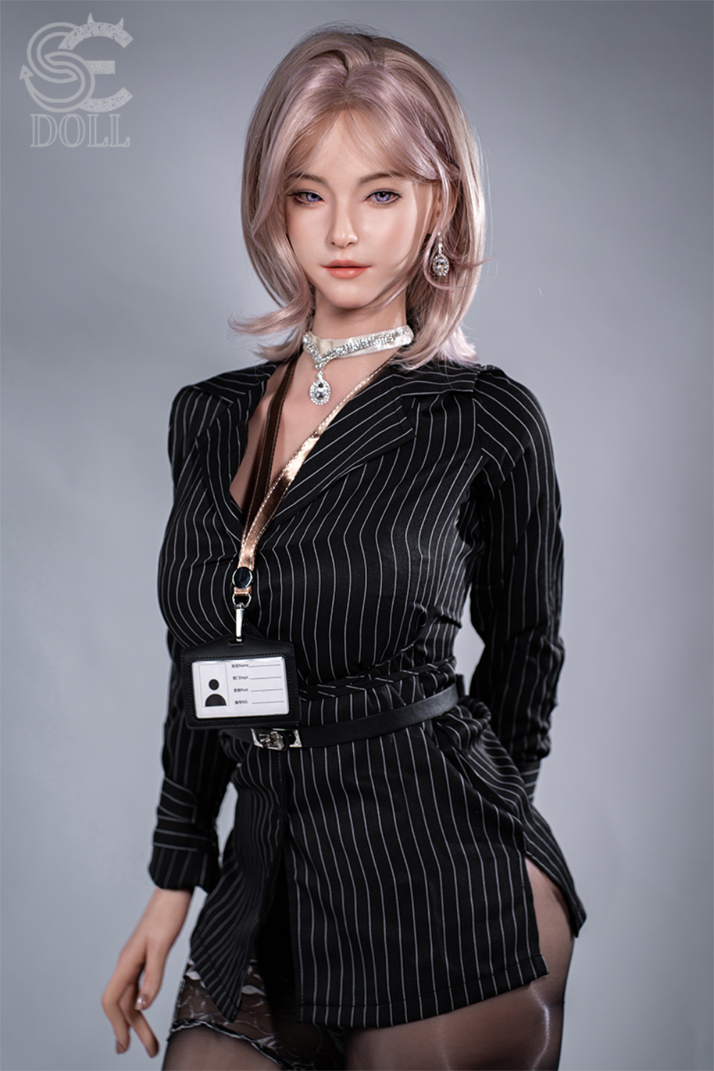 SEDOLL T160 cm C Aya Series Silicone -  Shion.B in a black pinstripe outfit while standing.