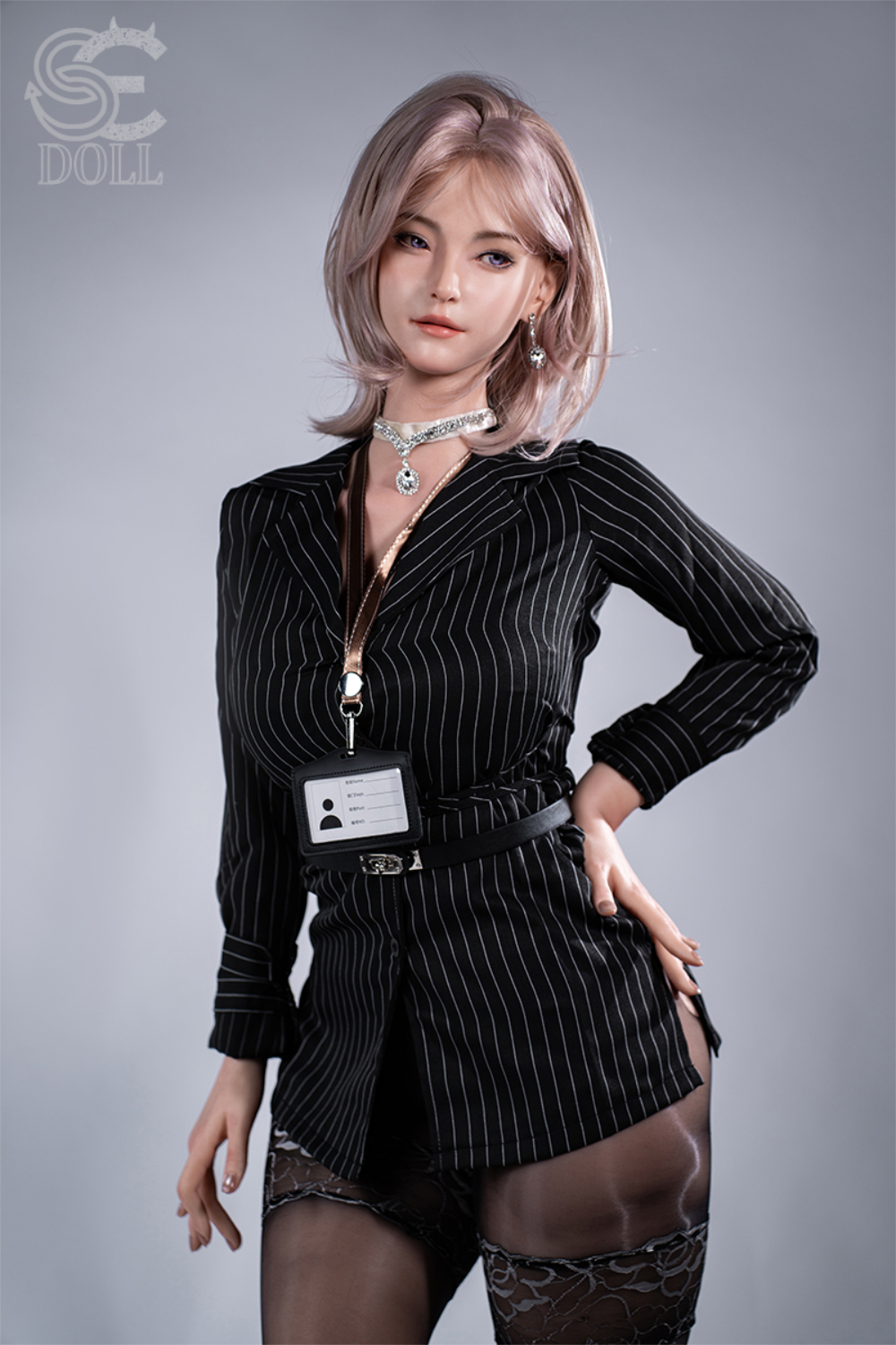 SEDOLL T160 cm C Aya Series Silicone -  Shion.B wearing a black pinstripe outfit while standing.
