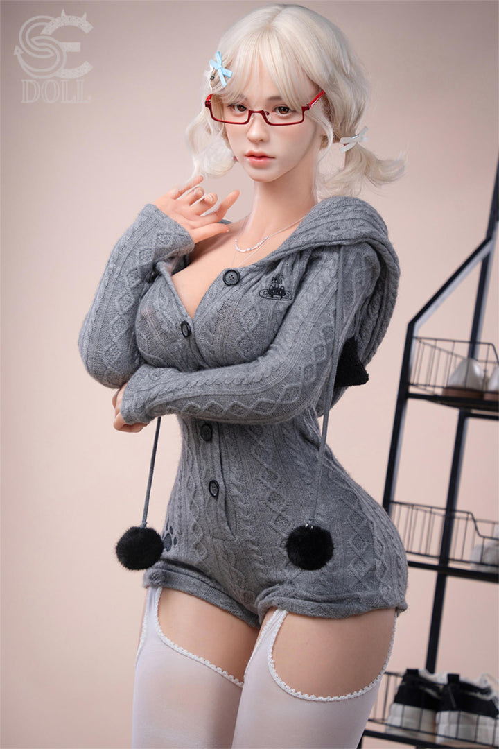 SEDOLL T161 cm C Aya Series Silicone - Miki.B standing half-body pose, arms crossed, off-shoulder gray sweater slipping down one shoulder