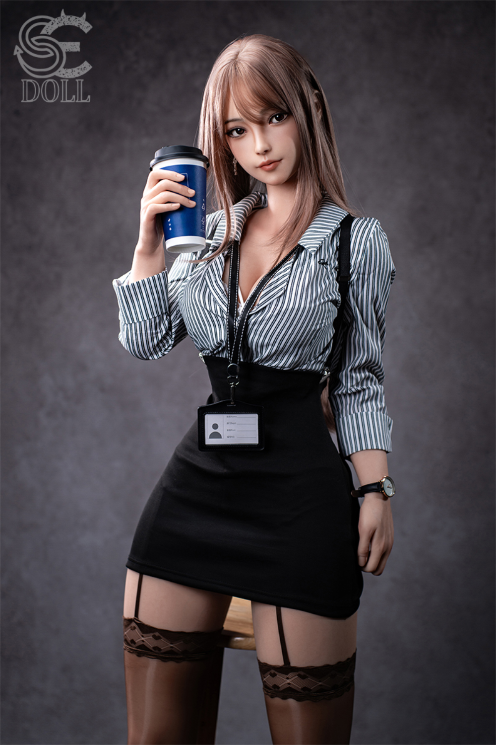 SEDOLL T161 cm C Aya Series Silicone -  Yuuki.K wearing a striped shirt, black skirt, and holding a coffee cup.