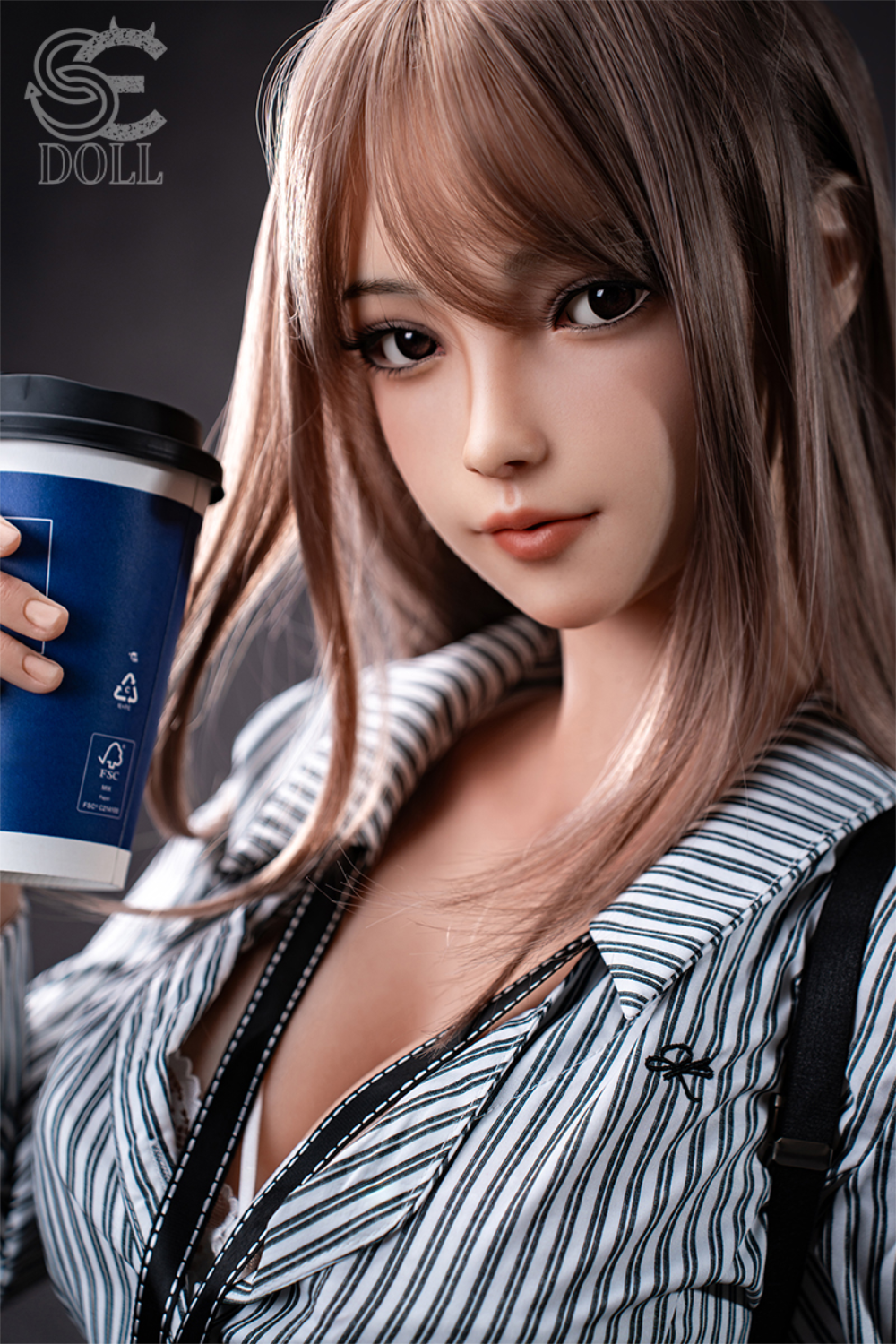 Realistic SEDOLL T161 cm C Aya Series Silicone -  Yuuki.K holding a coffee cup with an office attire.