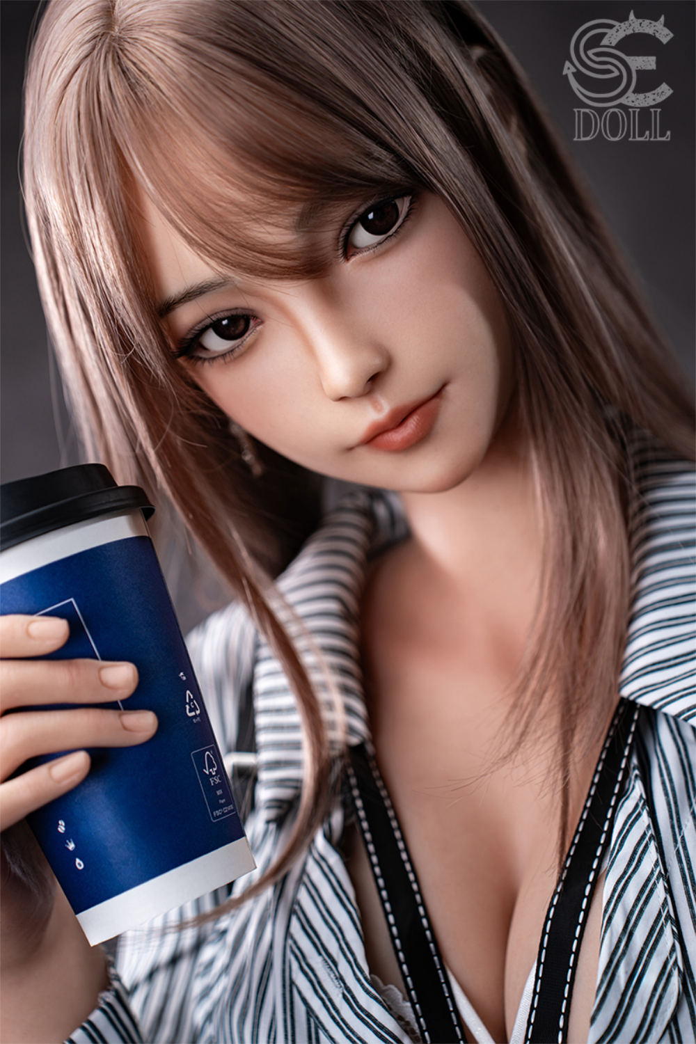 Realistic SEDOLL T161 cm C Aya Series Silicone -  Yuuki.K holding a coffee cup with office attire and ID Lace.