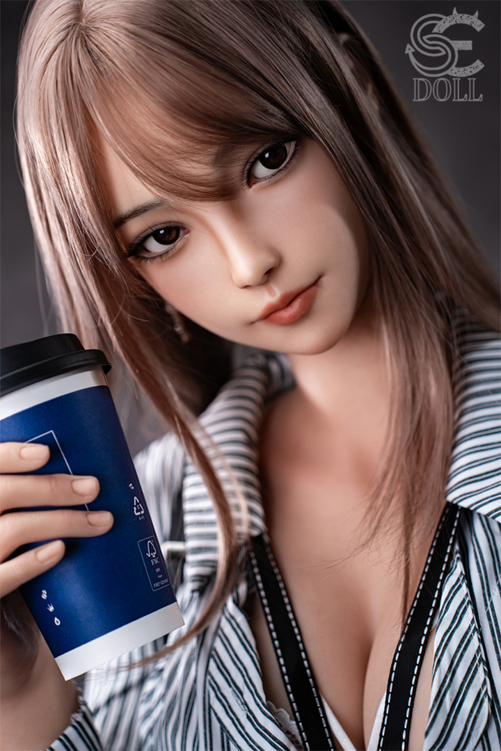 Realistic SEDOLL T161 cm C Aya Series Silicone -  Yuuki.K holding a coffee cup with office attire and ID Lace.