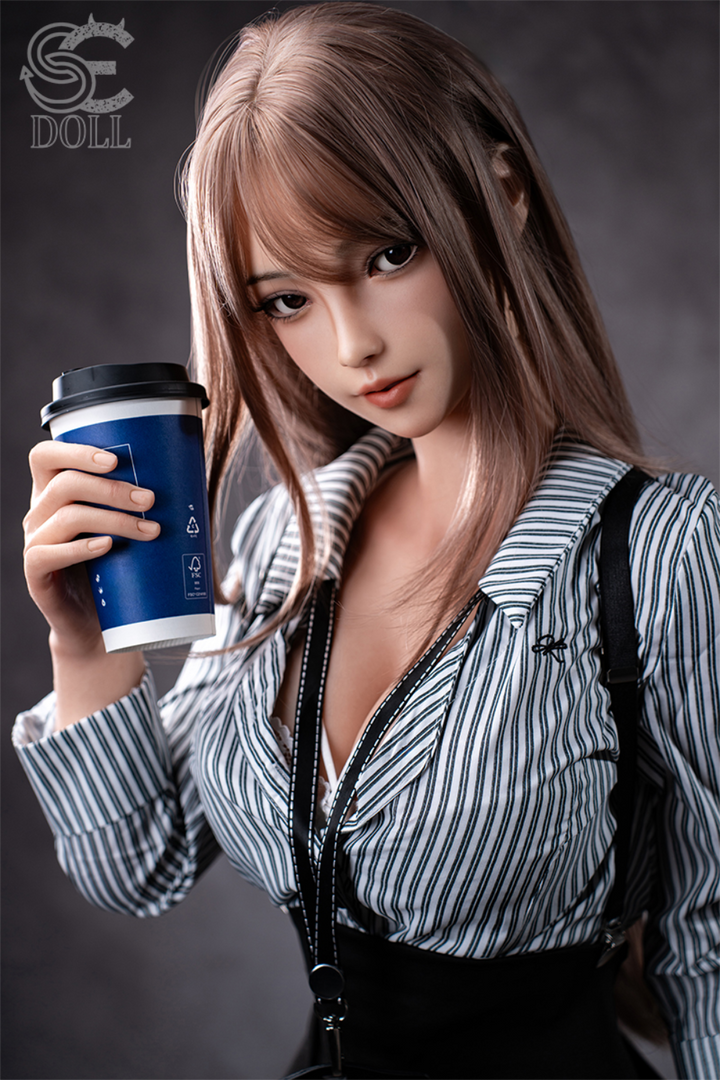 SEDOLL T161 cm C Aya Series Silicone -  Yuuki.K holding a blue coffee cup, wearing a stripe polo and black skirt.