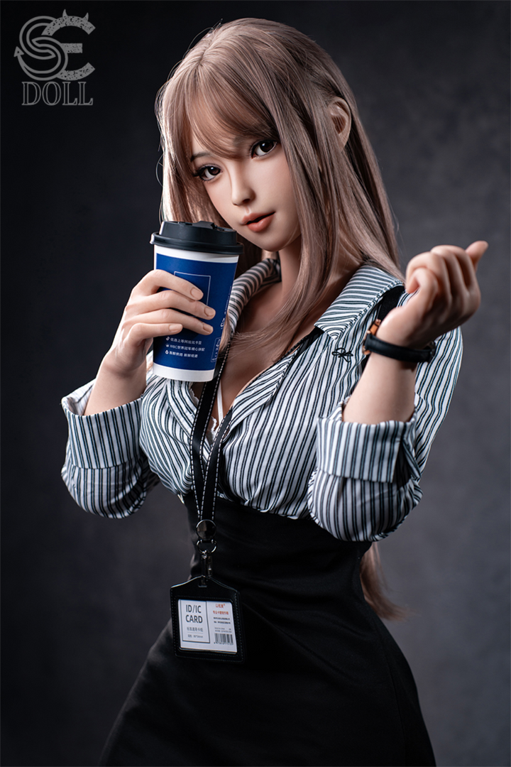 SEDOLL T161 cm C Aya Series Silicone -  Yuuki.K holding a coffee cup with stripe shirt and black skirt.