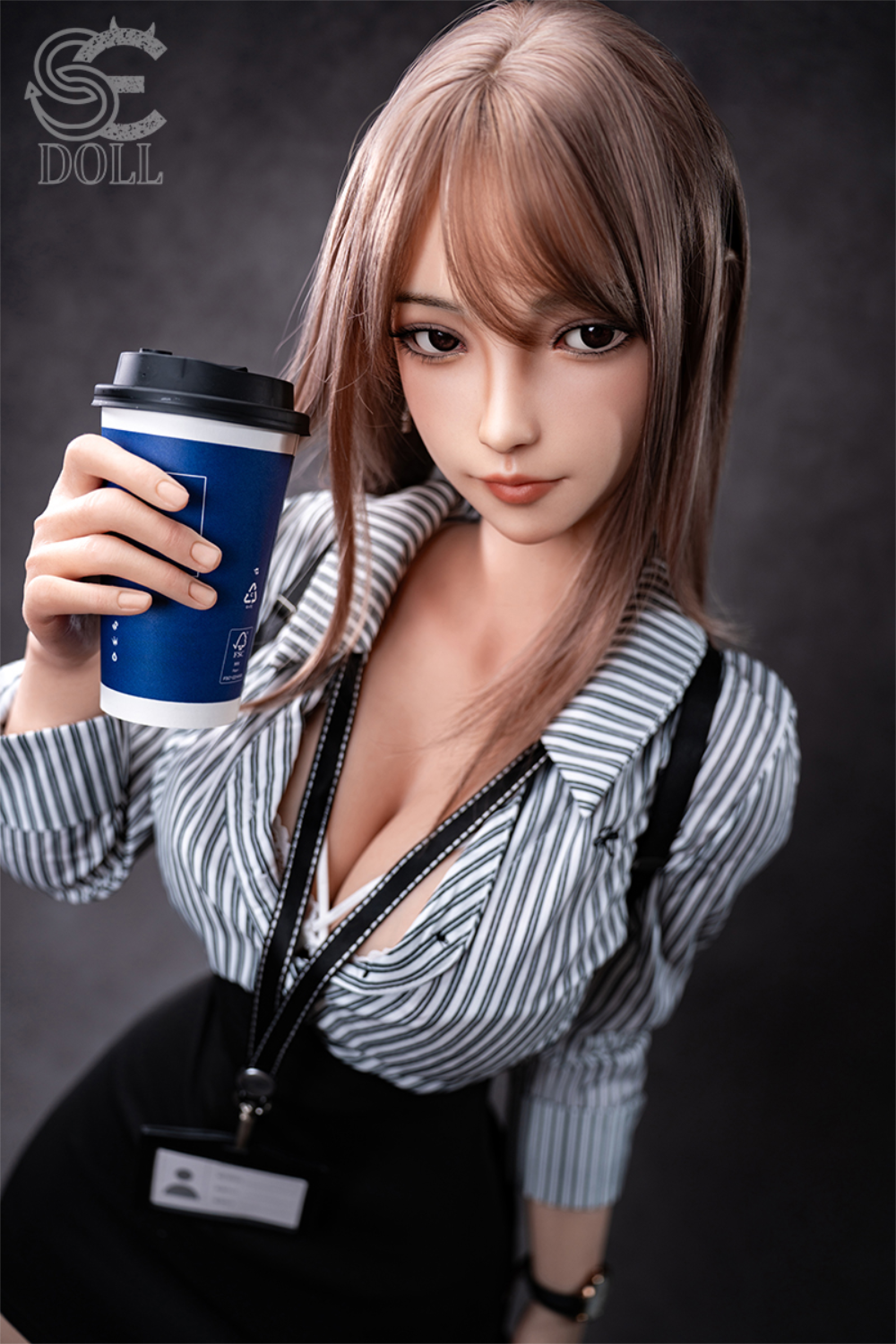 SEDOLL T161 cm C Aya Series Silicone -  Yuuki.K wearing a striped shirt and holding a coffee cup.