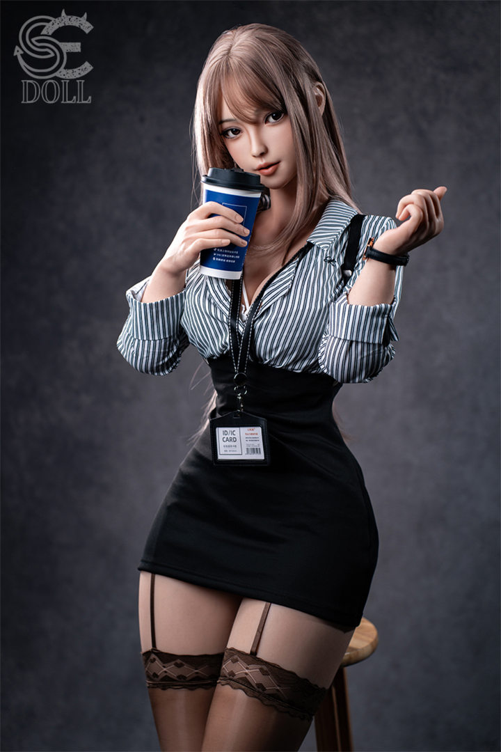 SEDOLL T161 cm C Aya Series Silicone -  Yuuki.K in a black dress and stockings holding a coffee cup.