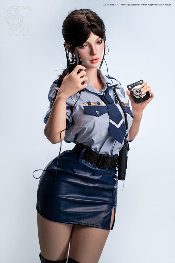 SEDOLL T161 cm C Silicone Pro - Nadia Voss.B standing pose in a short denim skirt and thigh-high stockings, holding a prop radio, tactical styling