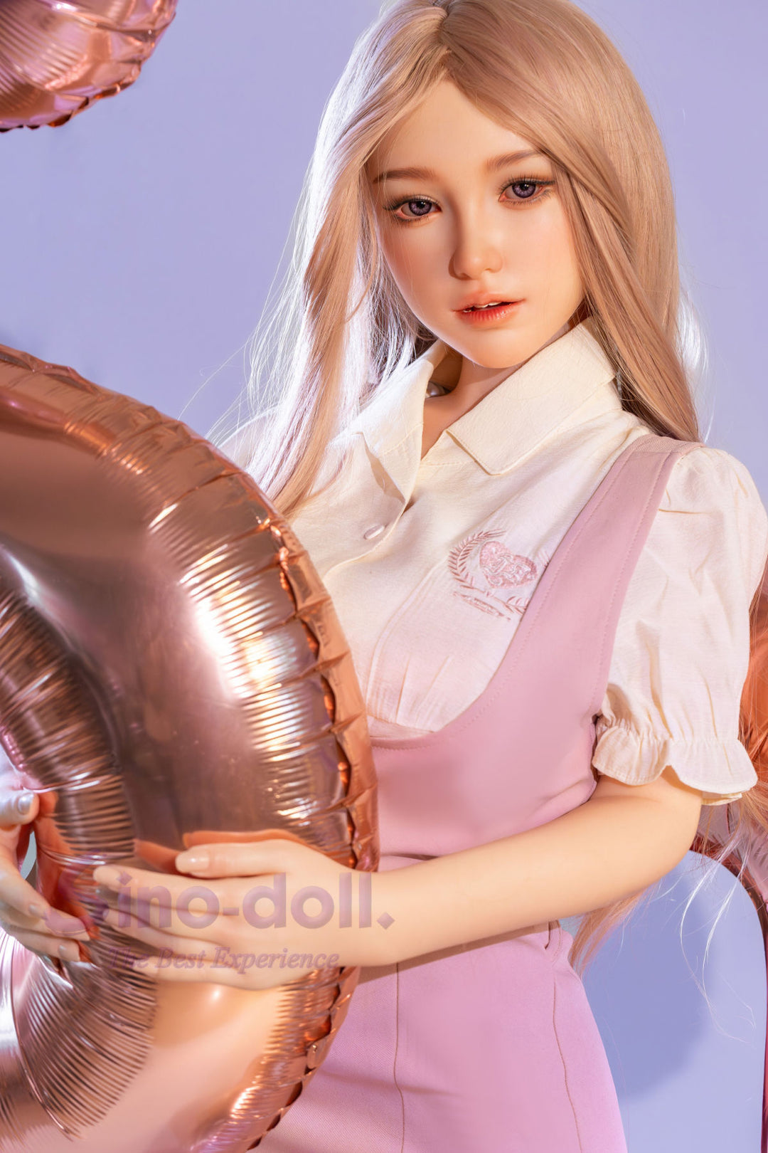 Sino Doll Pro Soft Max 161 cm Platinum Silicone - Linchun (R+S Effect) with blonde hair and a pink dress holding a heart-shaped balloon.