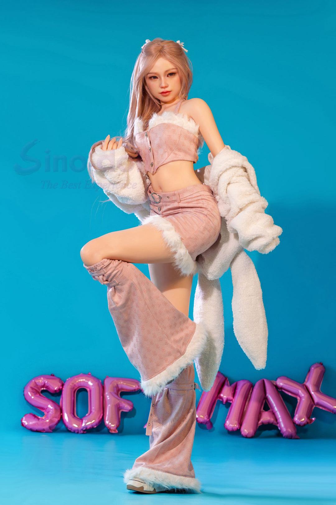 Sino Doll Pro Soft Max 161 cm Platinum Silicone - Linxia (R+S Effect) in pink outfit with white fur on.