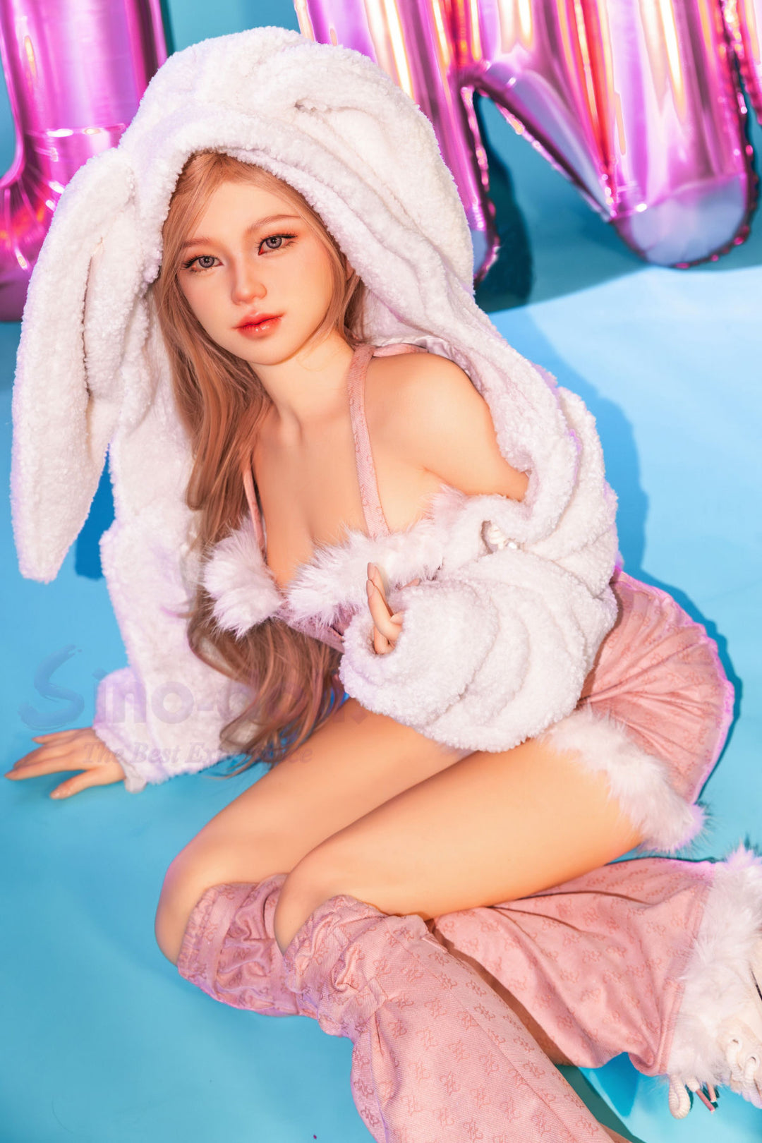 Sino Doll Pro Soft Max 161 cm Platinum Silicone - Linxia (R+S Effect) wearing a fluffy white bunny costume with pink accents.