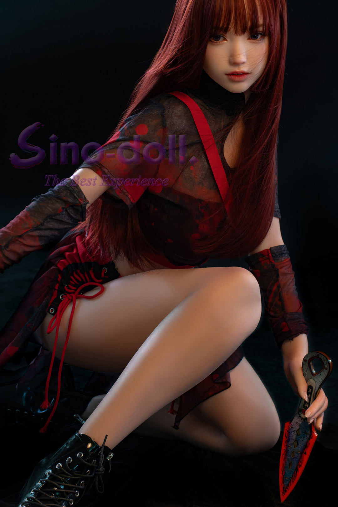 Sino Doll Pro Soft Max 167 cm G Platinum Silicone - Linqiuin a dark outfit with red accents, posing while holding a weapon.