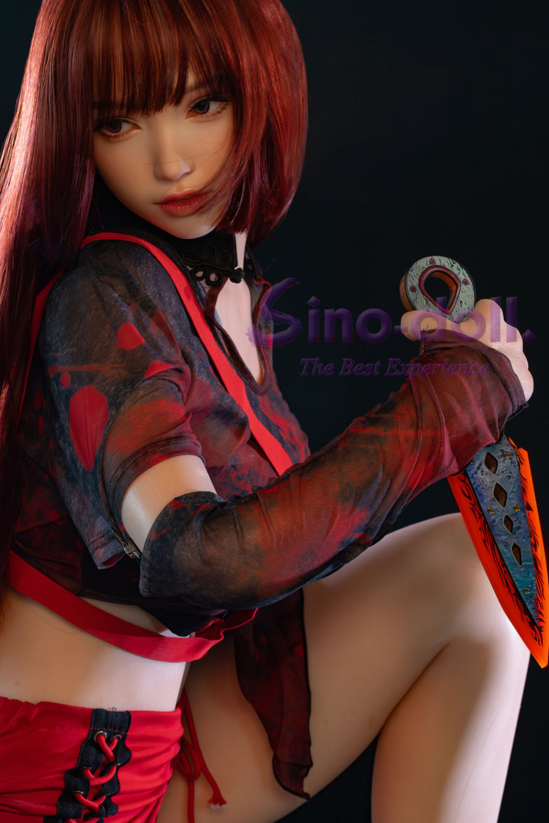 Sino Doll Pro Soft Max 167 cm G Platinum Silicone - Linqiu in a red and black outfit holding a weapon.