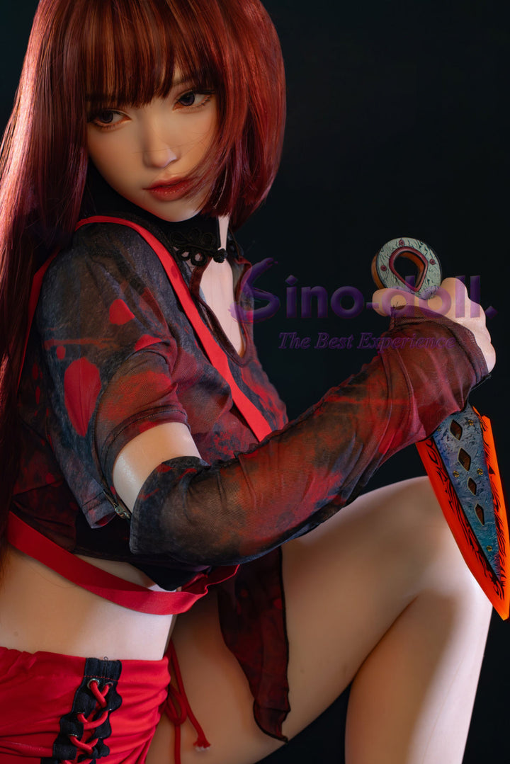 Sino Doll Pro Soft Max 167 cm G Platinum Silicone - Linqiu in a red and black outfit holding a weapon.