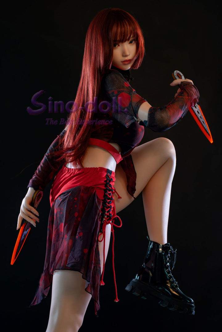 Sino Doll Pro Soft Max 167 cm G Platinum Silicone - Linqiu with red hair and a knife.