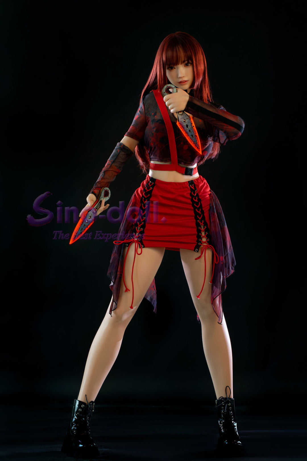 Sino Doll Pro Soft Max 167 cm G Platinum Silicone - Linqiu in a red and black outfit with a weapon.