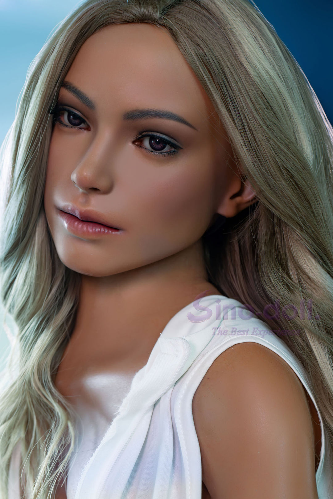 Close-up of Sino Doll Pro Soft Max 167 cm G Platinum Silicone - Sylvia (R+S Effect) with long blonde hair wearing a white sleeveless top.