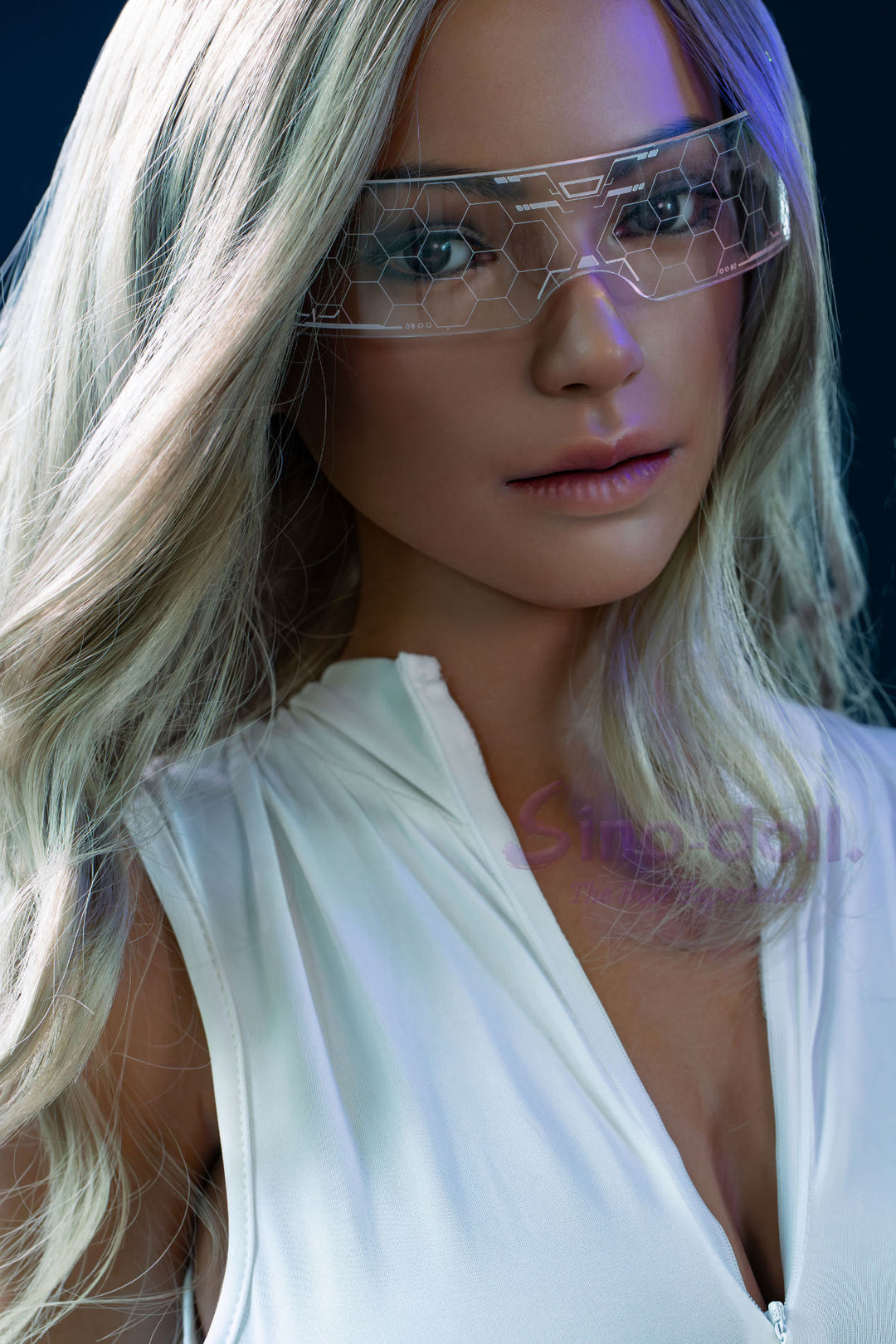 Sino Doll Pro Soft Max 167 cm G Platinum Silicone - Sylvia (R+S Effect) wearing futuristic goggles and white top.