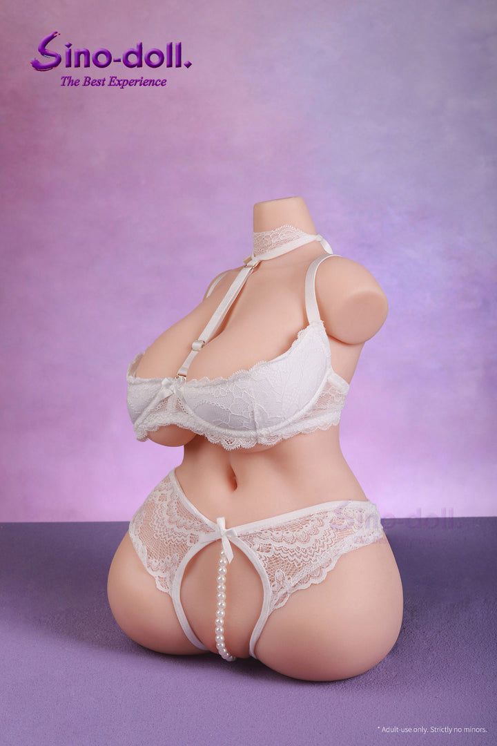 Sino Doll Soft Max 42 cm Platinum Silicone B43 Torso in white lingerie set on a purple background.