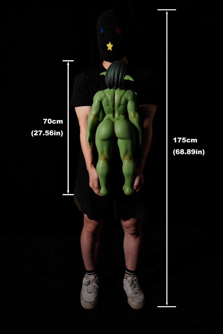 Full body measurement chart of green fantasy doll, side view