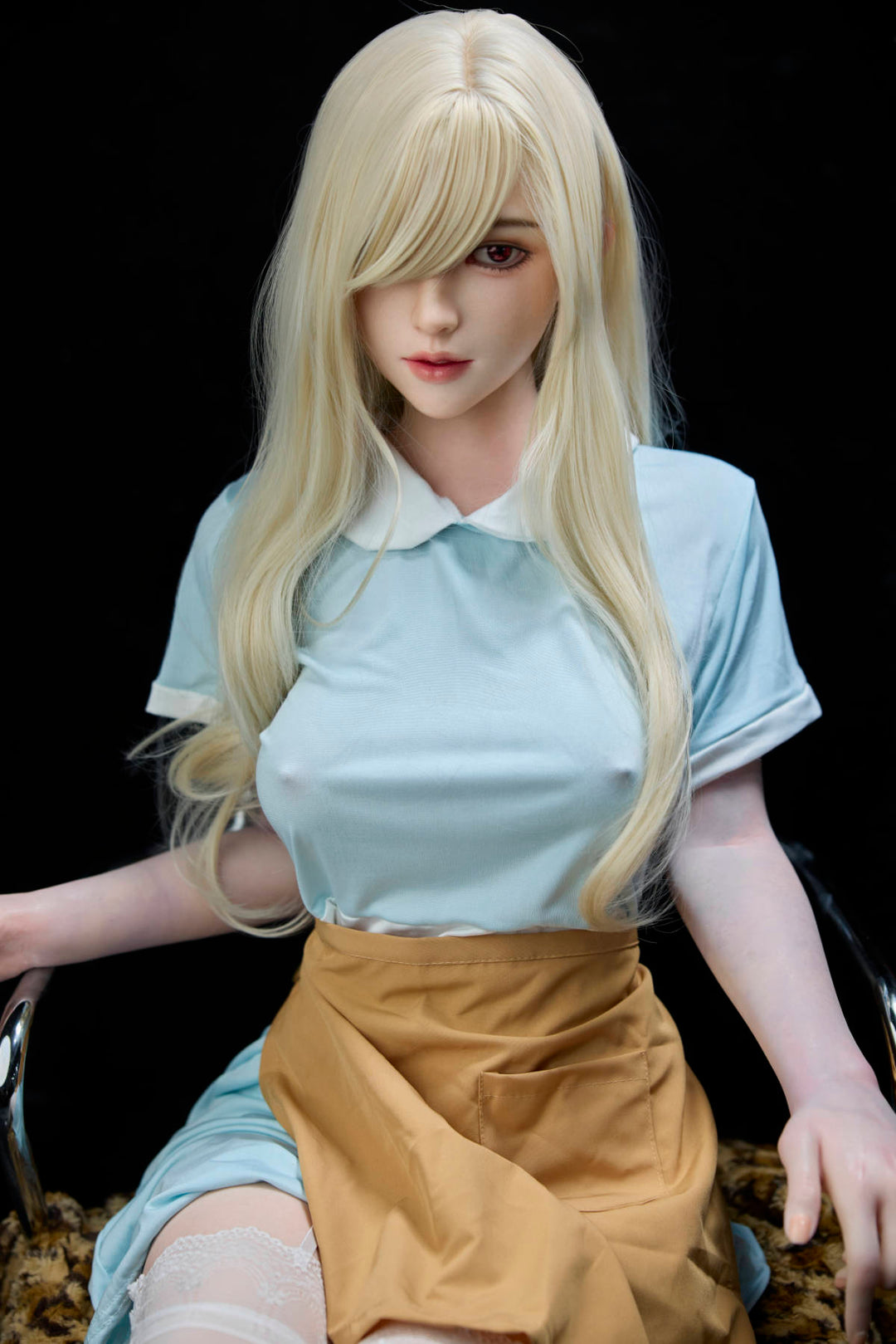 Starpery 151 cm B - Chuye – long platinum-blonde hair, pale blue collared dress and mustard apron, seated against a dark backdrop