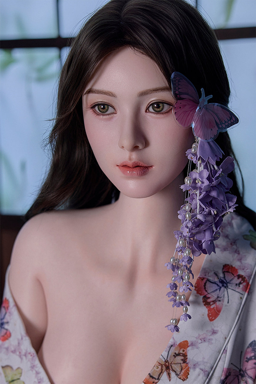Starpery 171cm D - Xue V3 – Seated pose, floral kimono-style robe open at chest, purple flowers in dark wavy hair, dark backdrop.