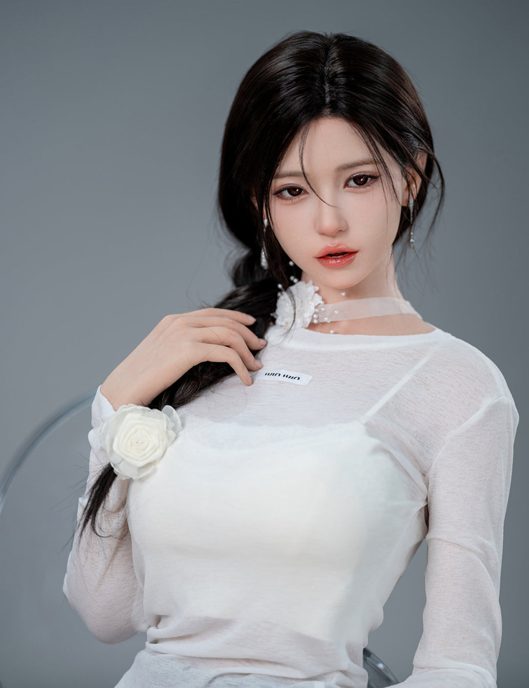 TOP-CYDOLL 168cm F-Cup Liang Realistic Sex Doll full body front view wearing white fitted long sleeve top and dark shorts, natural standing pose.