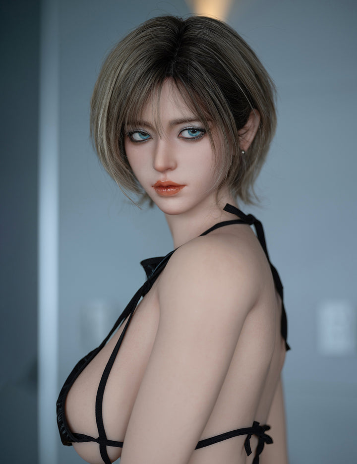 TOP-CYDOLL 168cm F-Cup Wan V2 Realistic Sex Doll wearing a black strappy top against a bathroom background