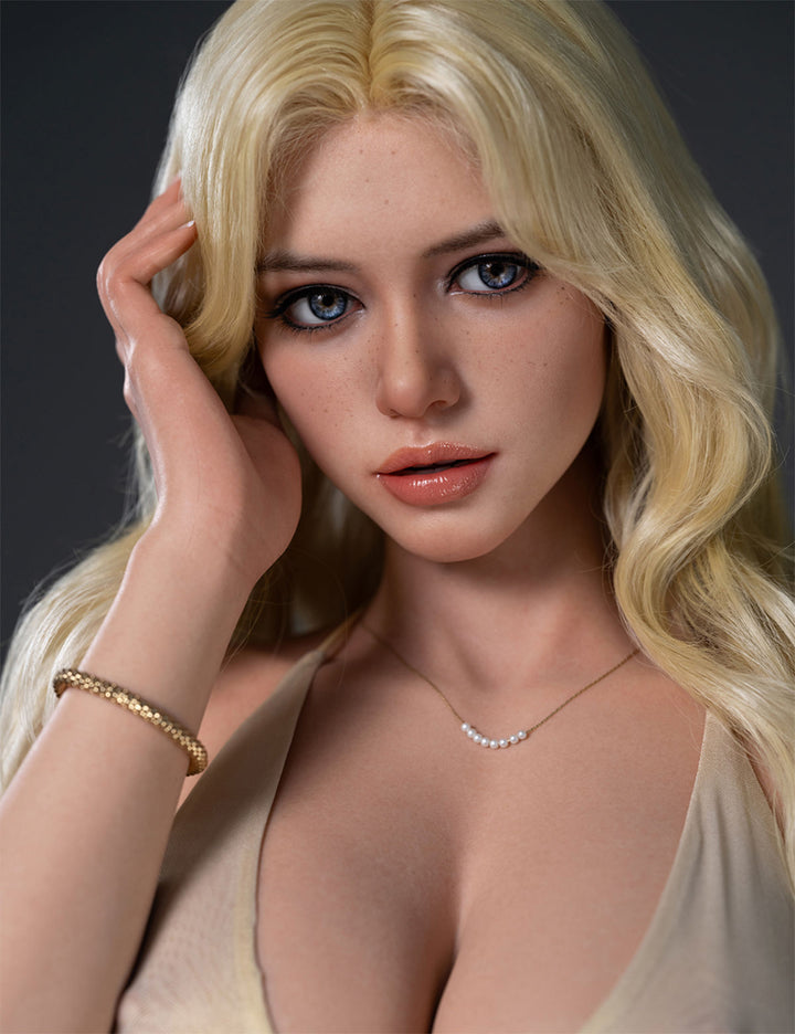 TOP-CYDOLL 176cm E-Cup Polly-N Realistic Sex Doll – platinum blonde waves, blue eyes and champagne draped dress, hand at her hair