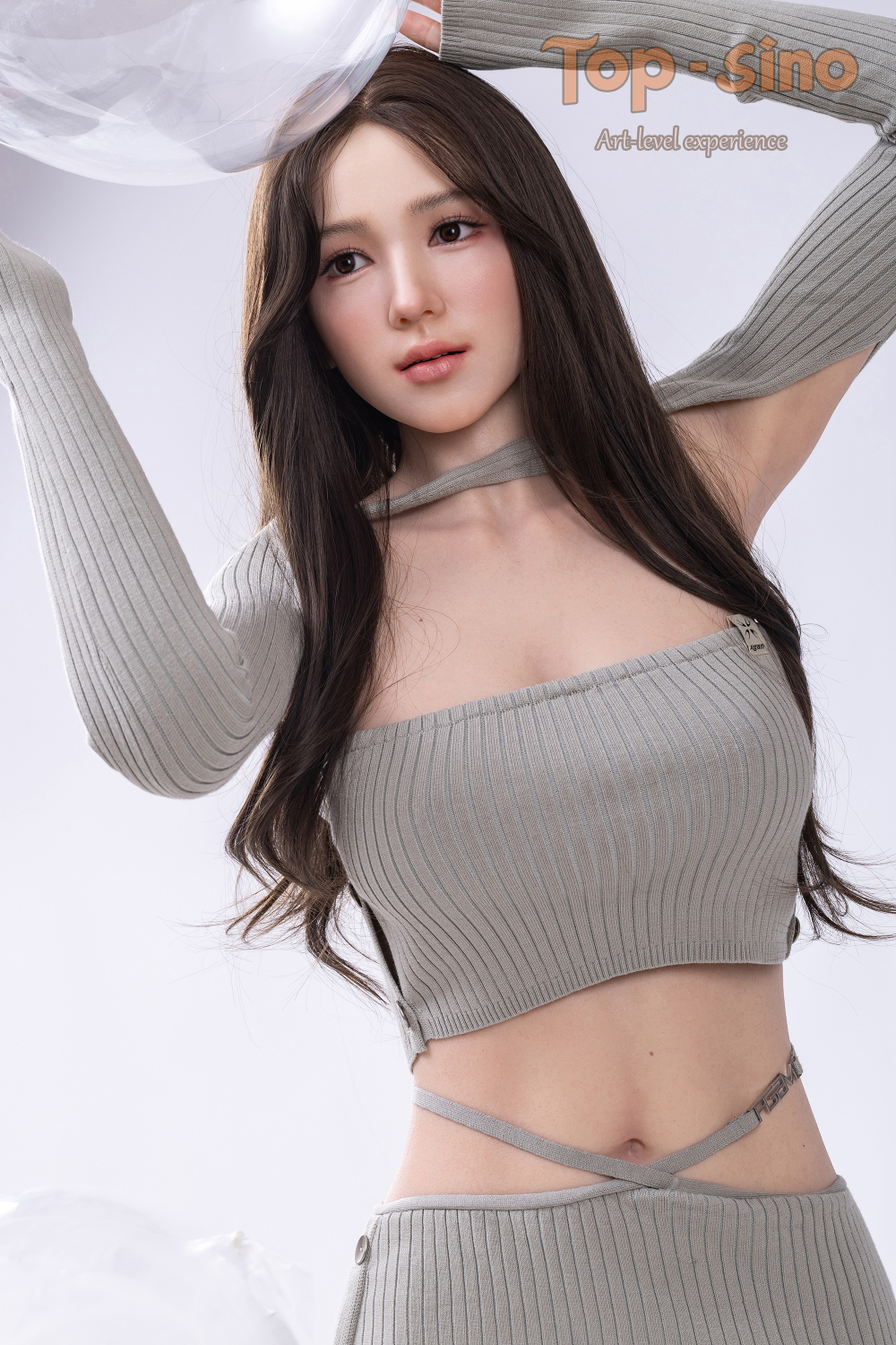 Top Sino 167 cm Platinum Silicone - Miyan (RRS+) wearing a gray sexy top long sleeve holding a transparent balloon.