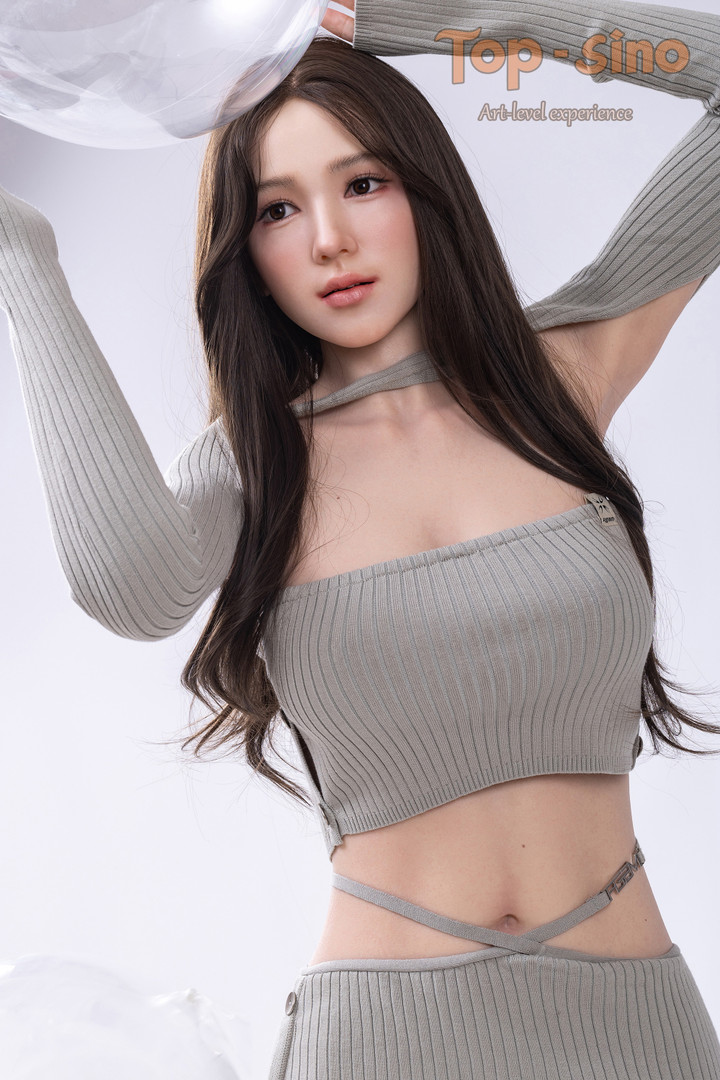 Top Sino 167 cm Platinum Silicone - Miyan (RRS+) wearing a gray sexy top long sleeve holding a transparent balloon.