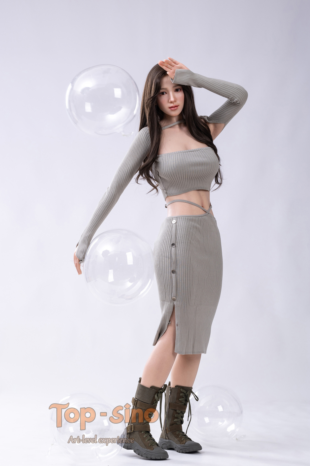 Top Sino 167 cm Platinum Silicone - Miyan (RRS+) in gray sexy outfit with long sleeve and skirt, standing with a bubble.