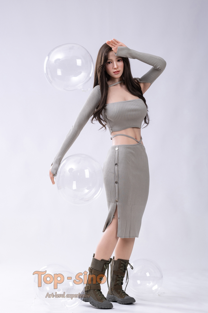 Top Sino 167 cm Platinum Silicone - Miyan (RRS+) in gray sexy outfit with long sleeve and skirt, standing with a bubble.