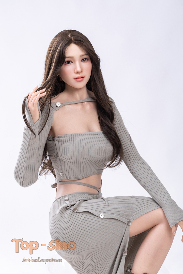 Top Sino 167 cm Platinum Silicone - Miyan (RRS+) in gray sexy outfit sitting on a white surface.