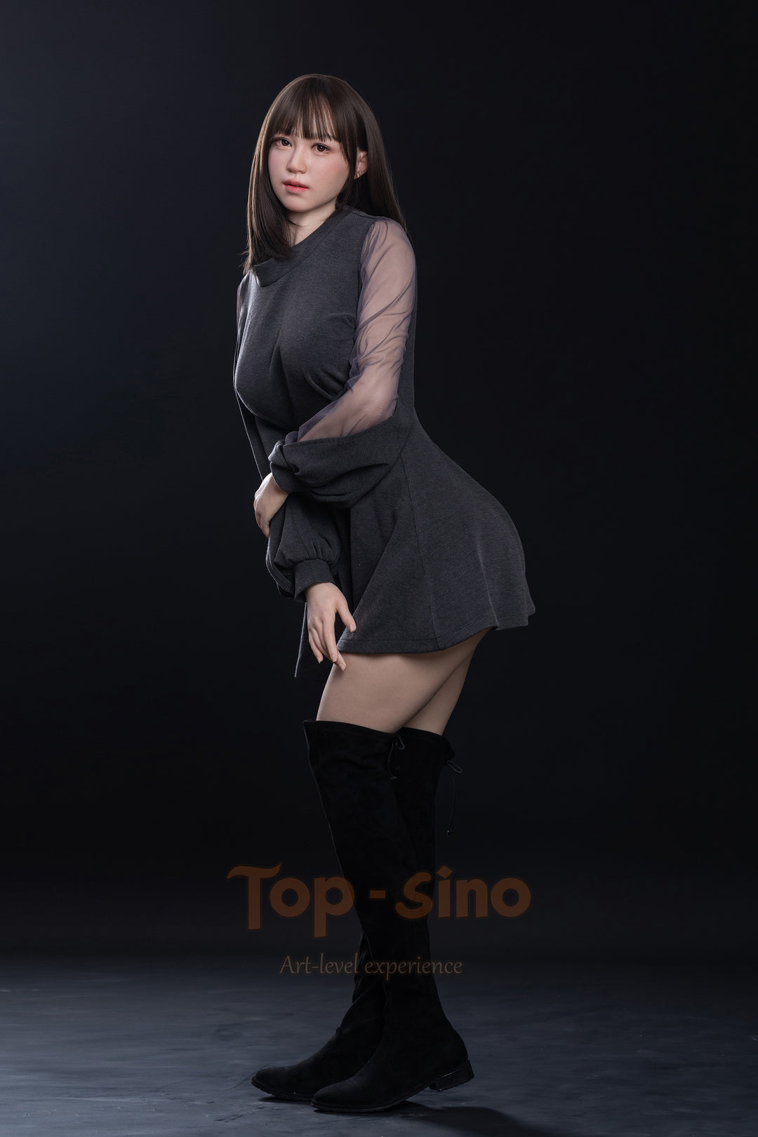 Top Sino 167 cm Platinum Silicone Recreated Series - Miju V2 (RRS+) in a black outfit with sheer elements posing against a dark background