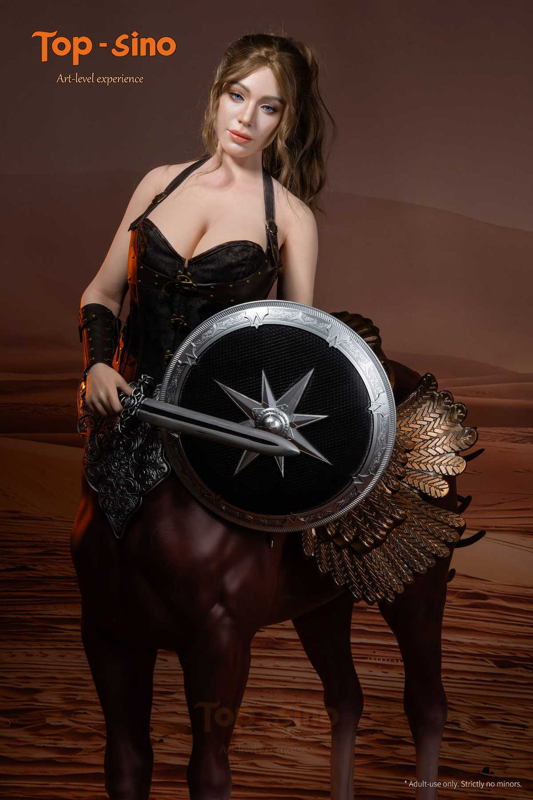 Top Sino Torso T96 cm Platinum Silicone Recreated Series - Adriana (RRS+) in warrior costume holding a shield with a star design on a brown background