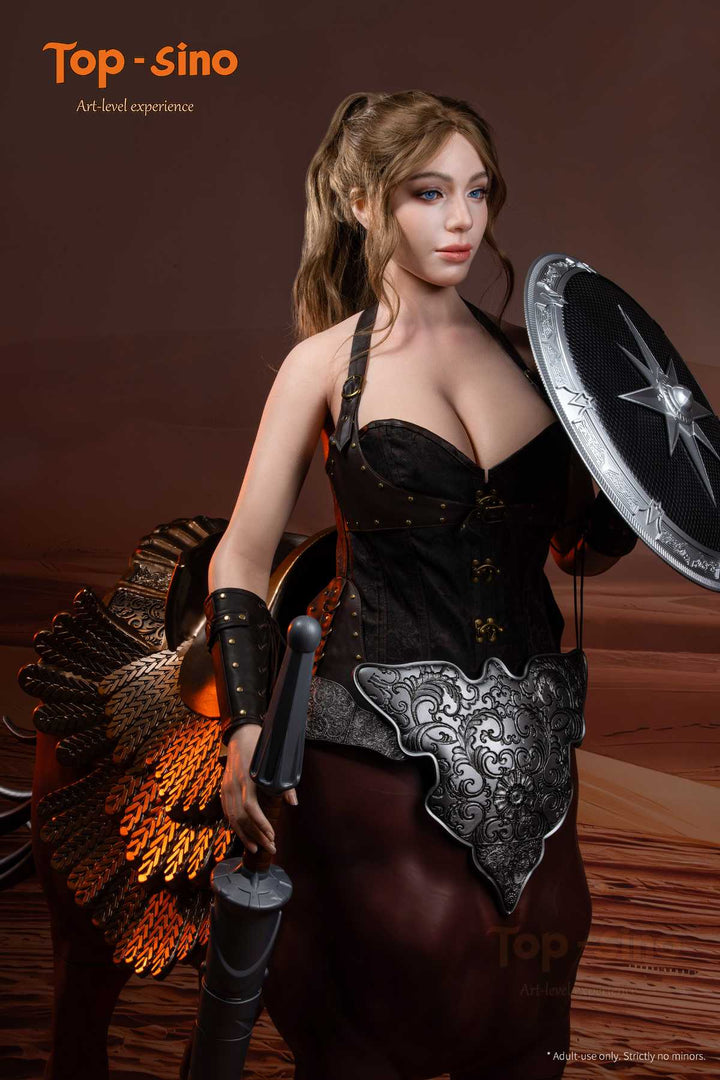 Top Sino Torso T96 cm Platinum Silicone Recreated Series - Adriana (RRS+) in warrior attire holding a shield and sword against a brown background