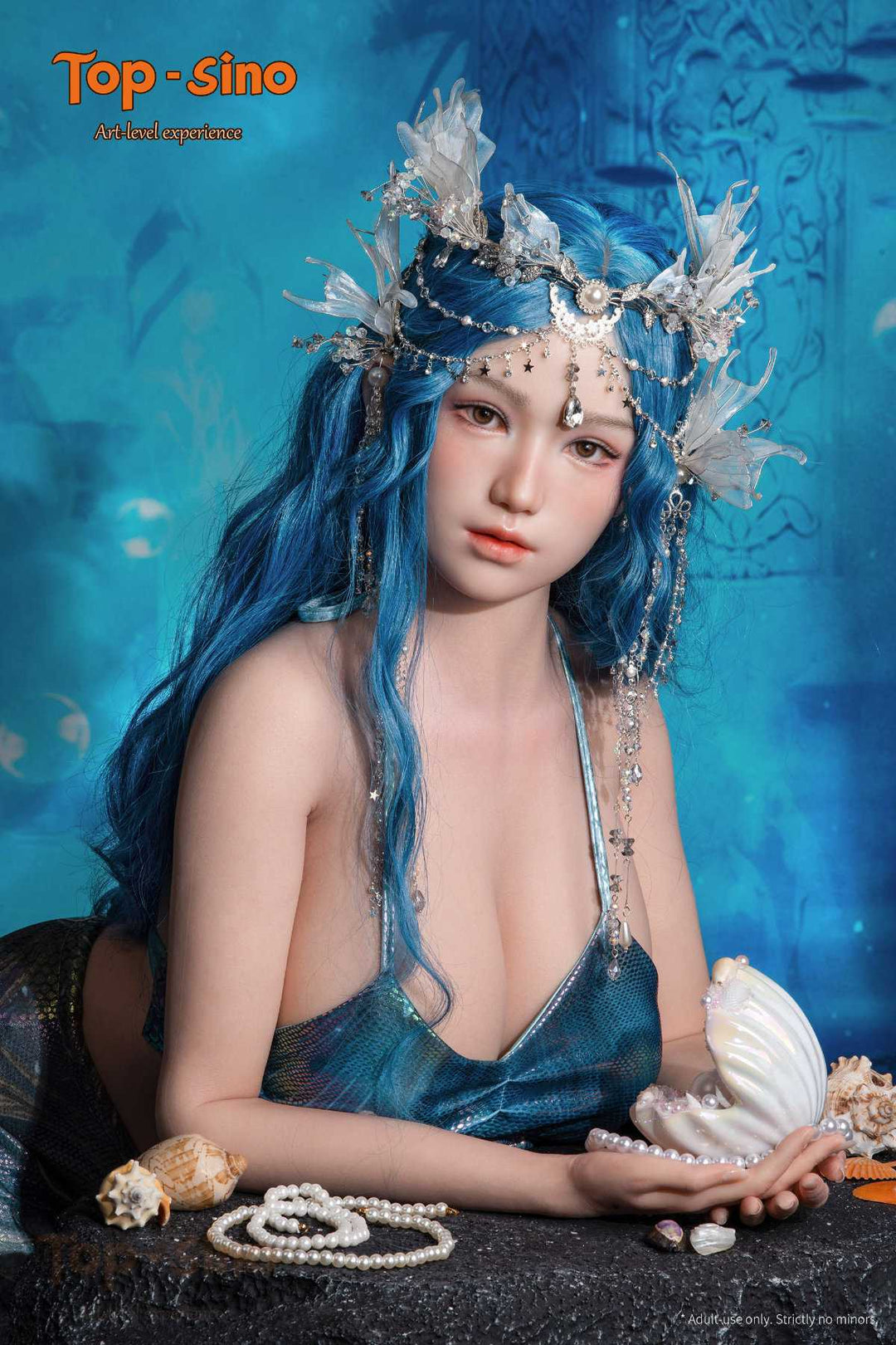Top Sino Torso T96 cm Platinum Silicone Recreated Series - Misu (RRS+) with blue hair and mermaid costume against a blue underwater-themed background