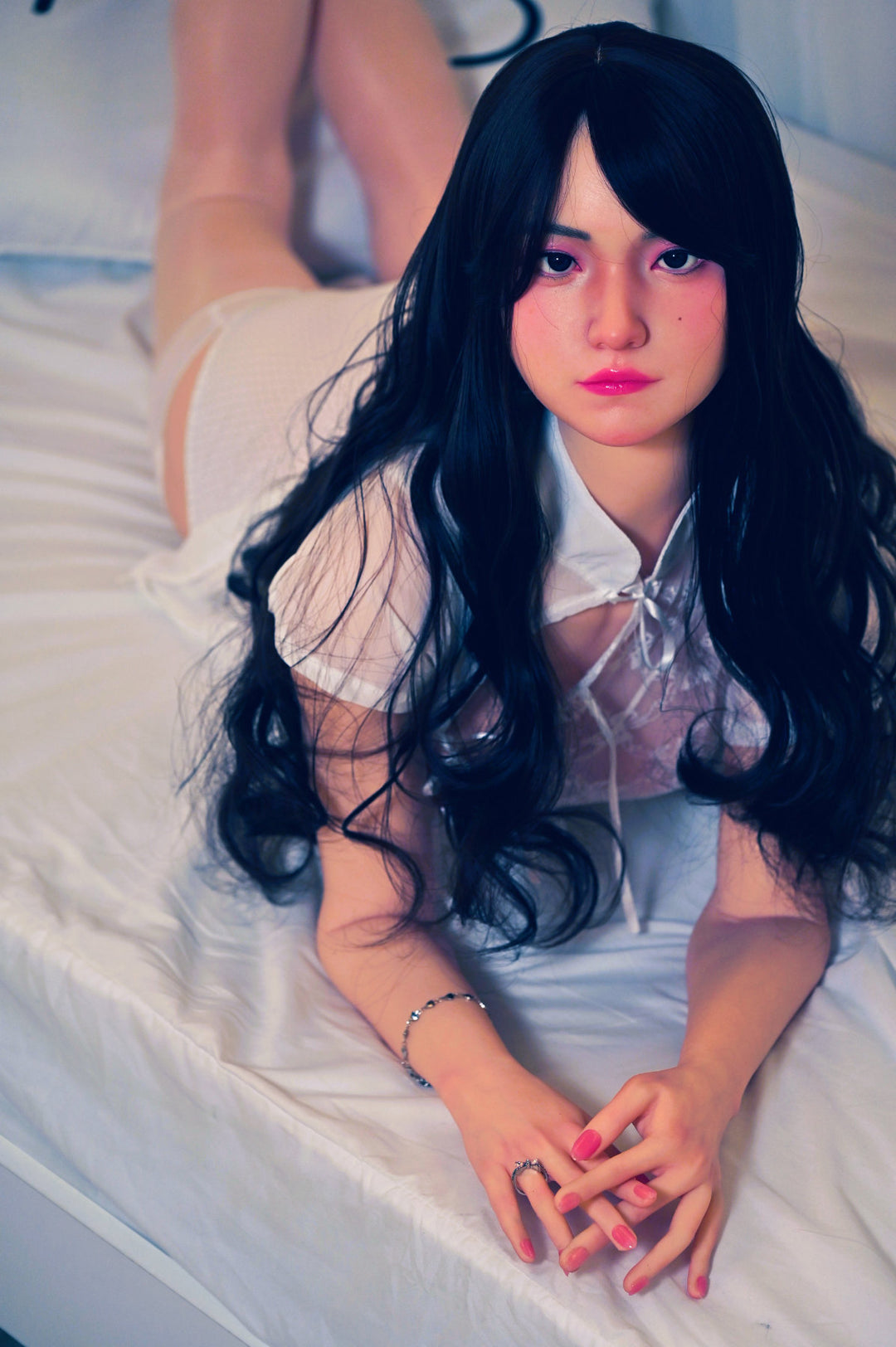 Zelex Doll K-Series 159 cm D Silicone - Suyeon upper body front view in white lace lingerie, long black wavy hair, bright indoor background
