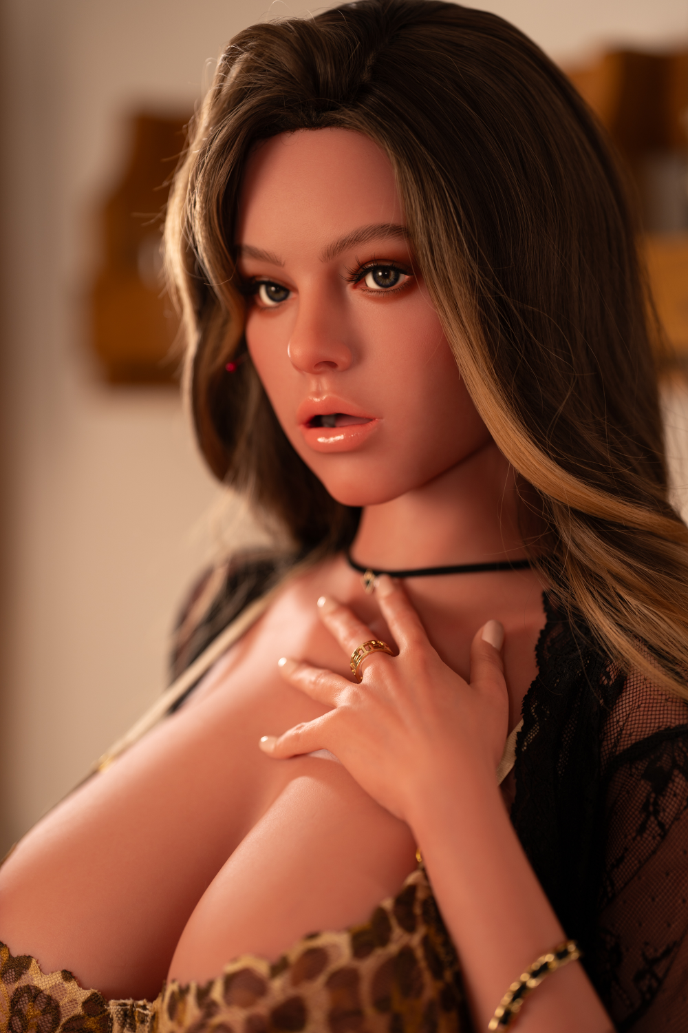 Close-up of Zelex Doll SLE Series 2.0 164 cm G Silicone - ZXE201-4 wearing a leopard print top and black lace garment.